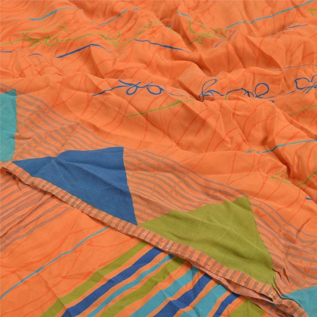 Sanskriti Vintage Orange Sarier Ren Crepe Silke Bæredygtigt Stof Håndlavet Trykt Blød Sari