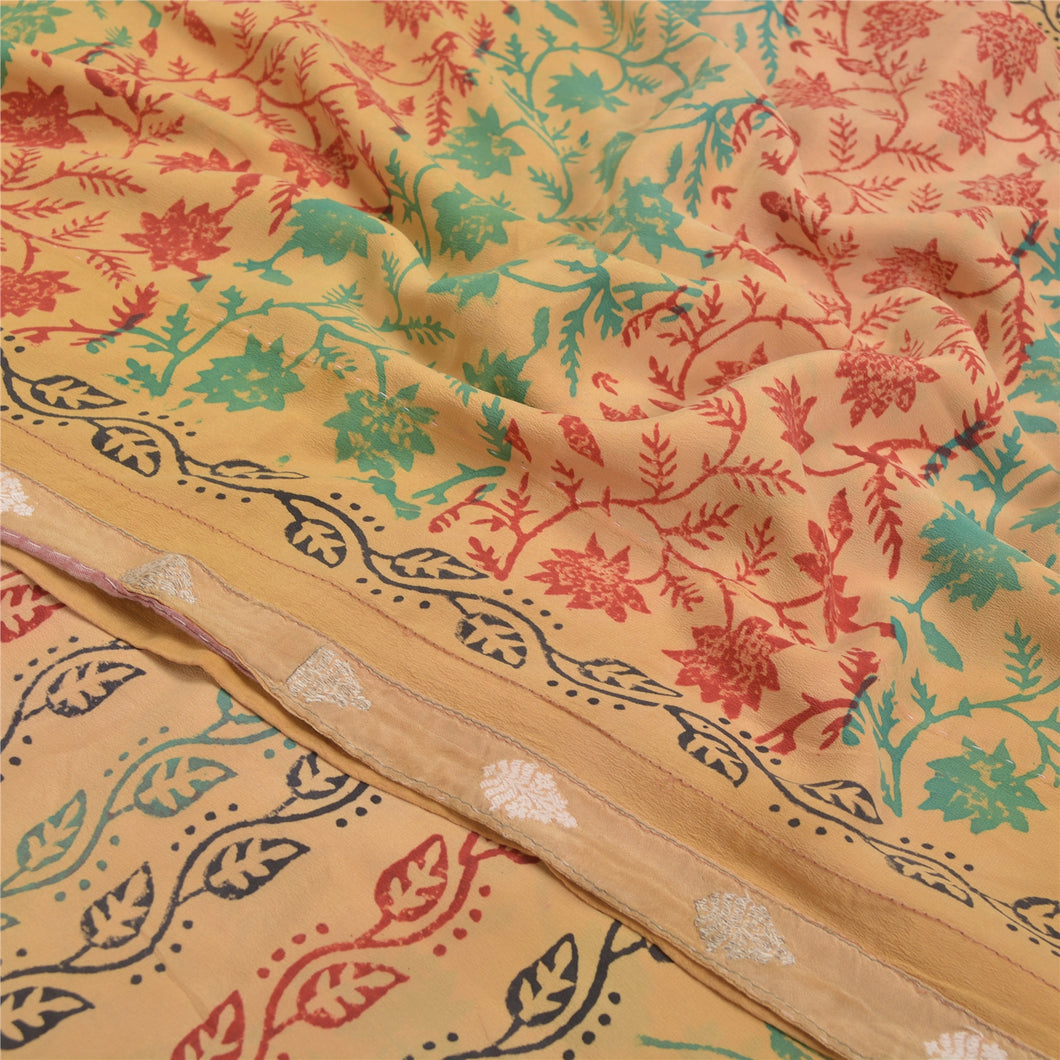 Sanskriti Vintage Cream Sari Pure Crepe Silk Fabric Craft Printed Soft Sarees