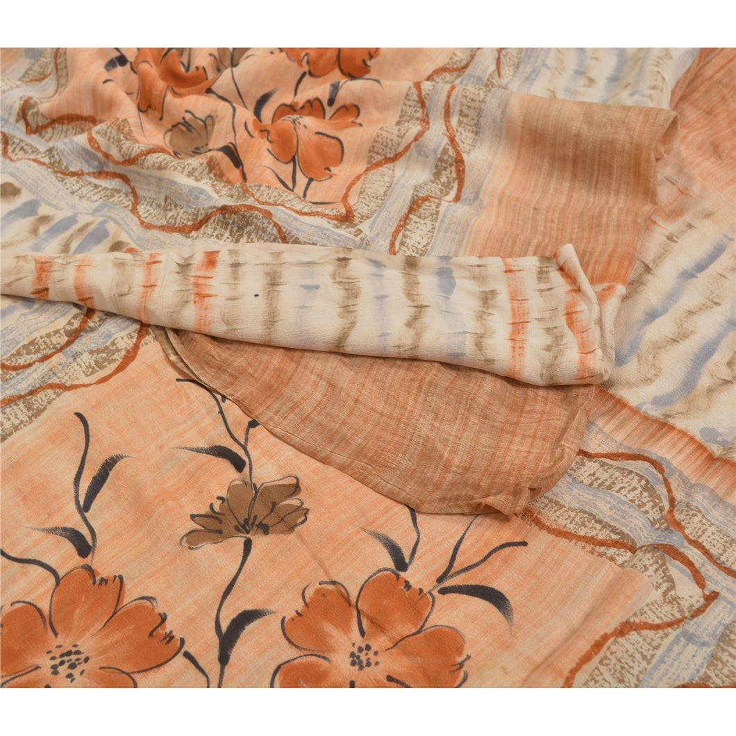 Sanskriti Vintage Cream Sarees Pure Crepe Silk Fabric Craft Printed Decor Sari