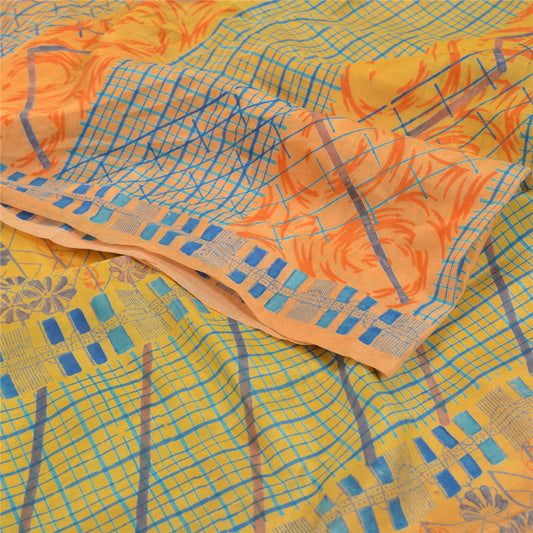 Sanskriti Vintage Yellow Sarees Pure Crepe Silk Printed Sari Decor Craft Sustainable Fabric