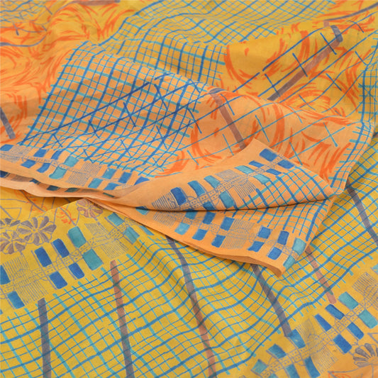 Sanskriti Vintage Yellow Sarees Pure Crepe Silk Printed Sari Decor Craft Sustainable Fabric