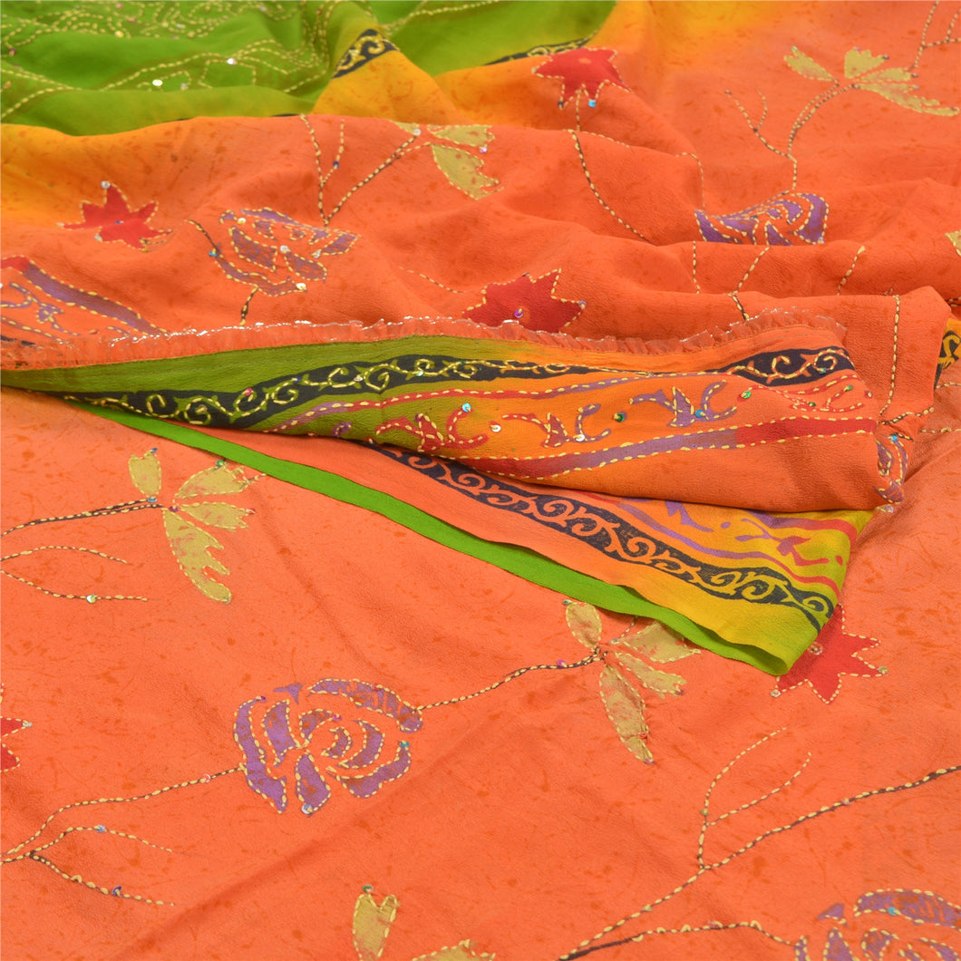 Sanskriti Vintage Green Sarees Pure Crepe Silk Printed Kantha Sari Craft Fabric