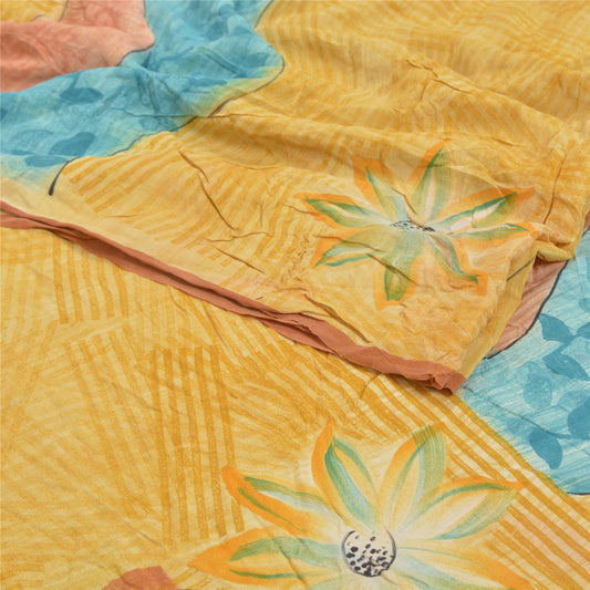 Sanskriti Vintage Mustard Sarees Pure Crepe Silk Printed Sari Decor Craft Sustainable Fabric
