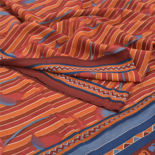 Sanskriti Vintage Orange Indian Sarees Pure Crepe Silk Printed Sari Craft Sustainable Fabric