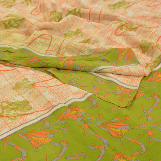 Sanskriti Vintage Orange Sarees 100% Pure Crepe Silk Printed Sari Craft Sustainable Fabric