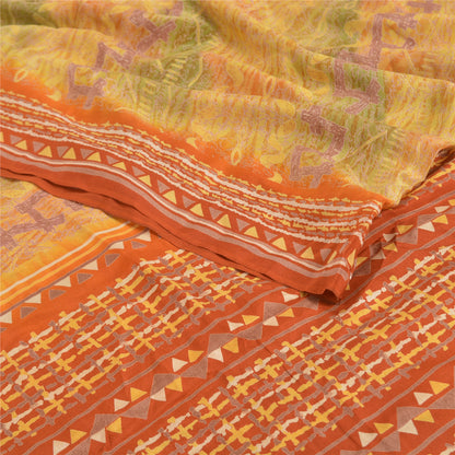 Sanskriti Vintage Mustard Sarees Pure Crepe Silk Printed Sari Craft Sustainable Fabric