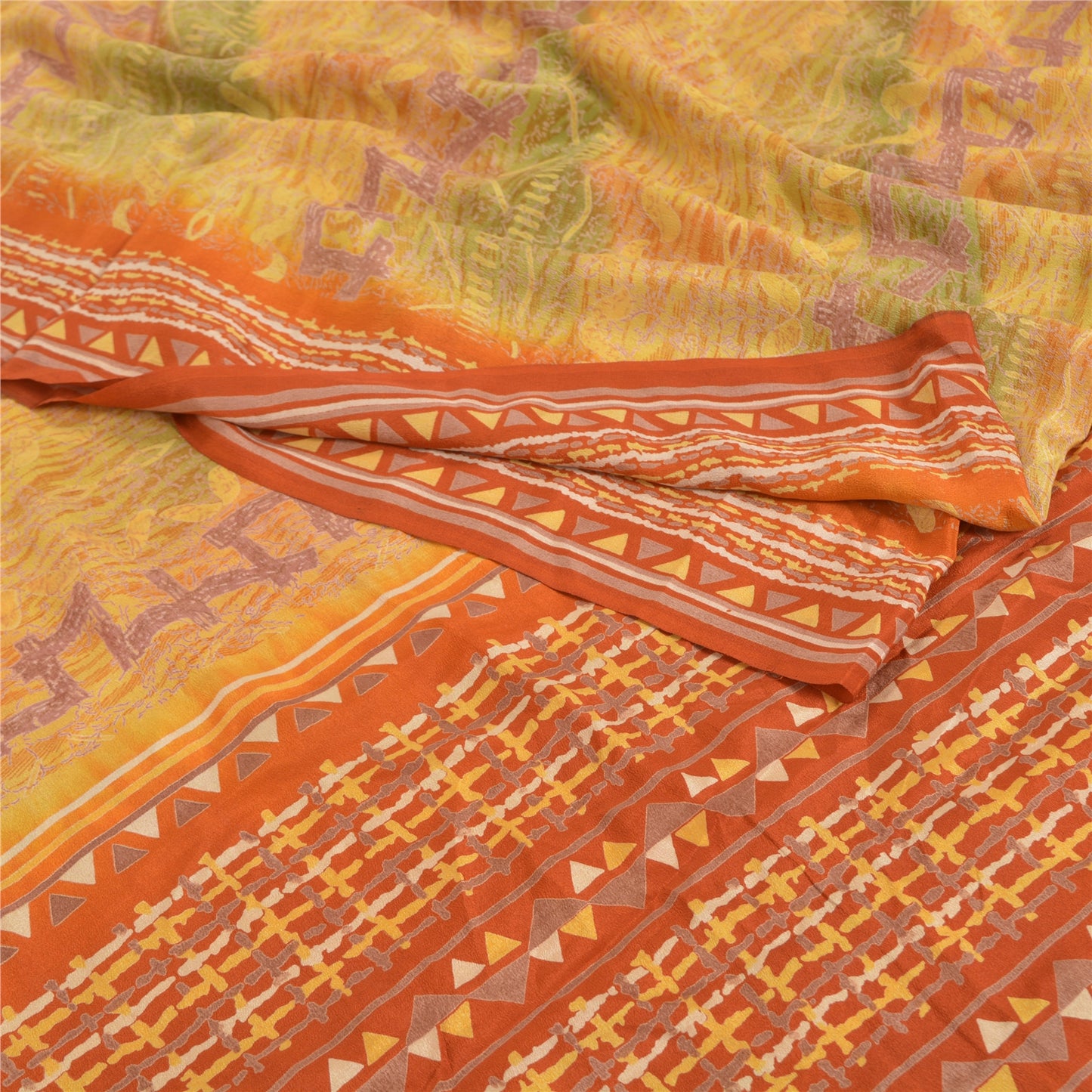 Sanskriti Vintage Mustard Sarees Pure Crepe Silk Printed Sari Craft Sustainable Fabric