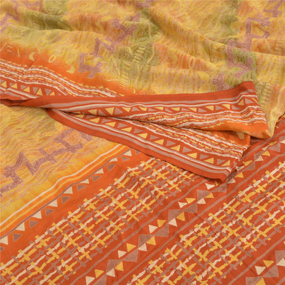 Sanskriti Vintage Mustard Sarees Pure Crepe Silk Printed Sari Craft Sustainable Fabric
