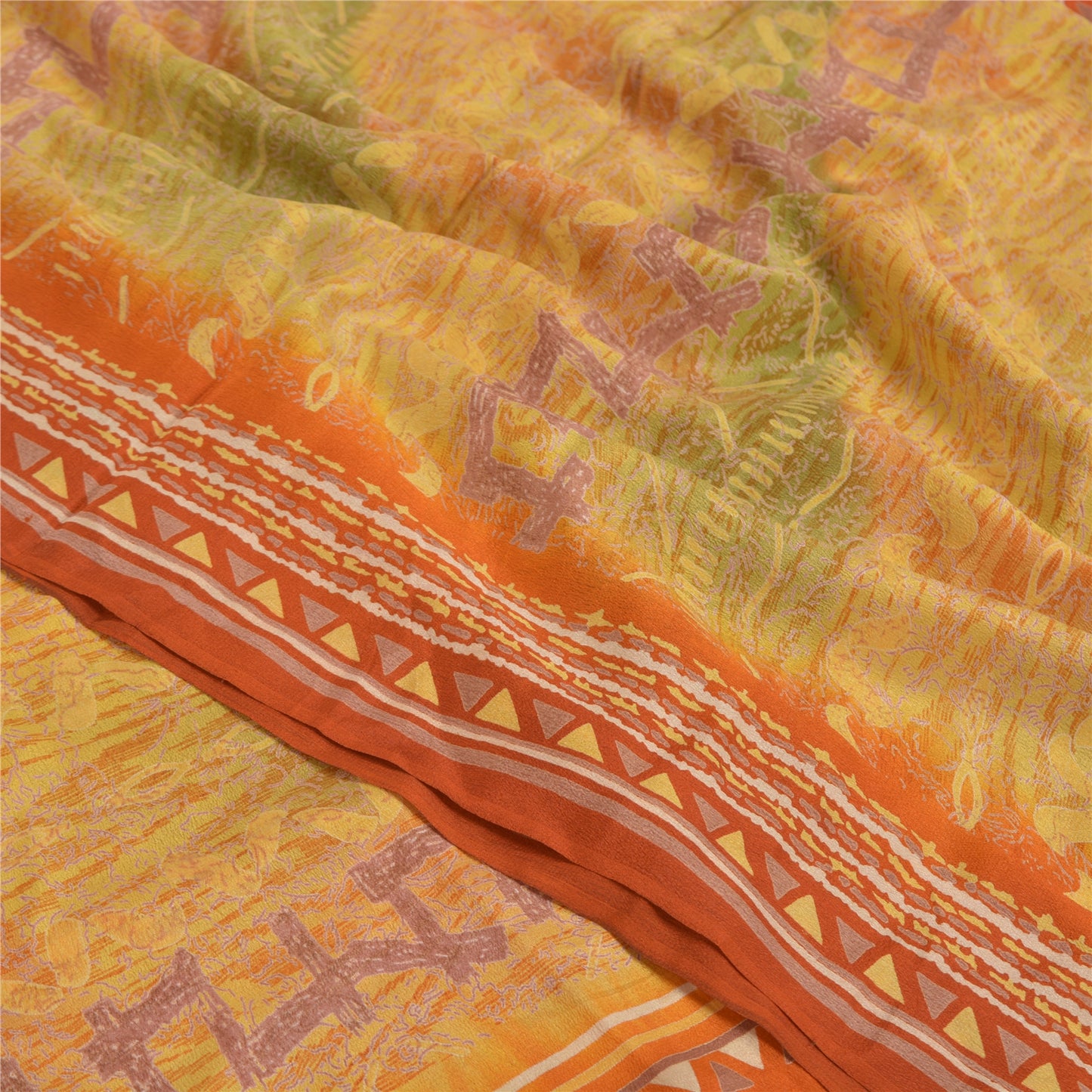 Sanskriti Vintage Mustard Sarees Pure Crepe Silk Printed Sari Craft Sustainable Fabric