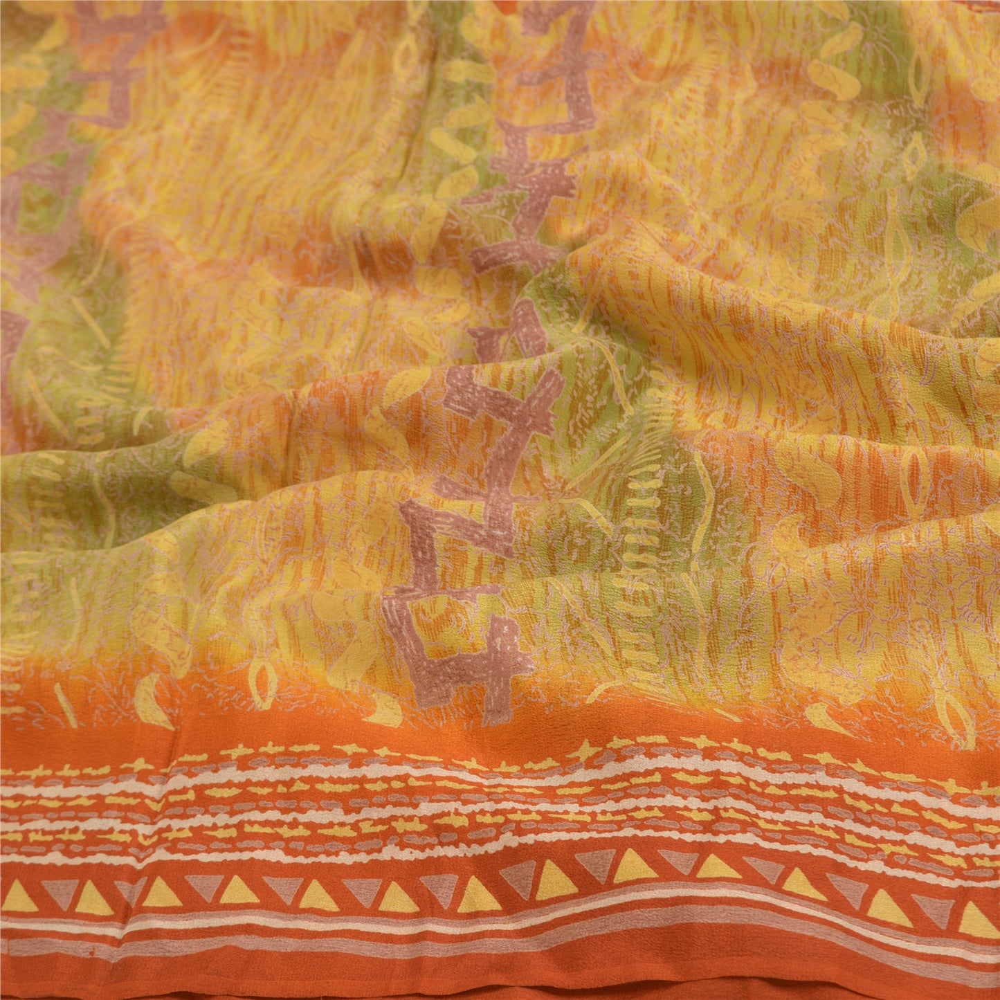 Sanskriti Vintage Mustard Sarees Pure Crepe Silk Printed Sari Craft Sustainable Fabric