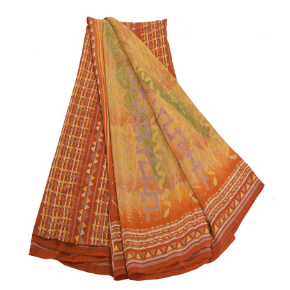 Sanskriti Vintage Mustard Sarees Pure Crepe Silk Printed Sari Craft Sustainable Fabric