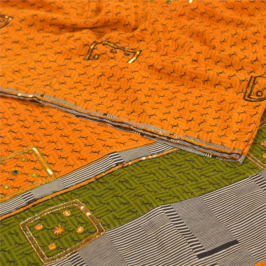 Sanskriti Vintage Yellow Sarees Pure Crepe Silk Printed Hand Beaded Sari Sustainable Fabric