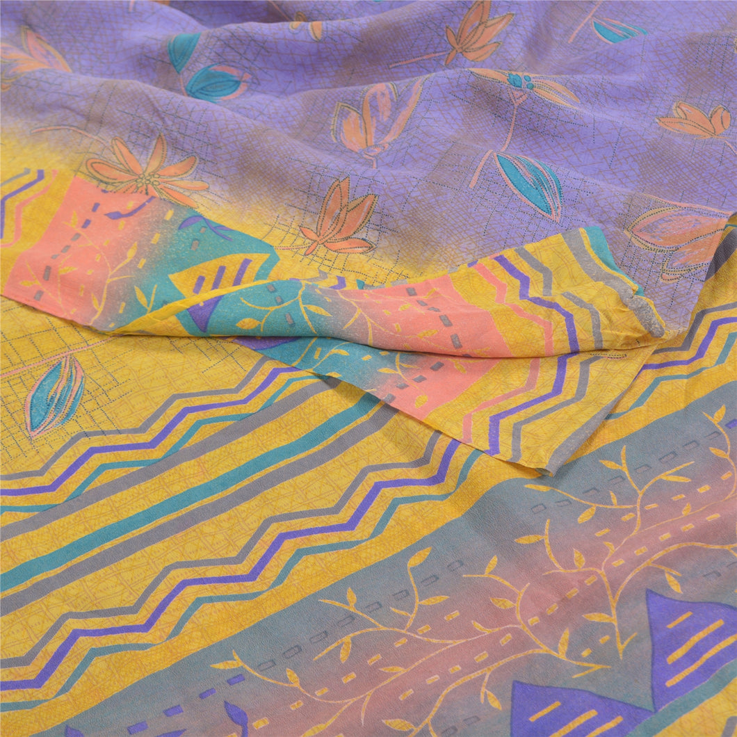 Sanskriti Vintage Purple Sarees 100% Pure Crepe Silk Printed Fabric Craft Sari
