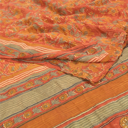 Sanskriti Vintage Orange Sarees Pure Crepe Silk Printed Sari Craft Sustainable Fabric