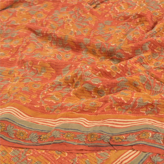 Sanskriti Vintage Orange Sarees Pure Crepe Silk Printed Sari Craft Sustainable Fabric