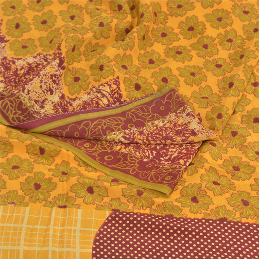 Sanskriti Vintage Yellow Sarees 100% Pure Crepe Silk Printed Sari Craft Sustainable Fabric