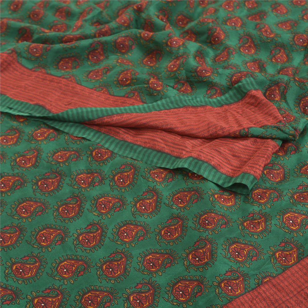 Sanskriti Vintage Green Sarees Indian Pure Crepe Silk Printed Sari Craft Fabric