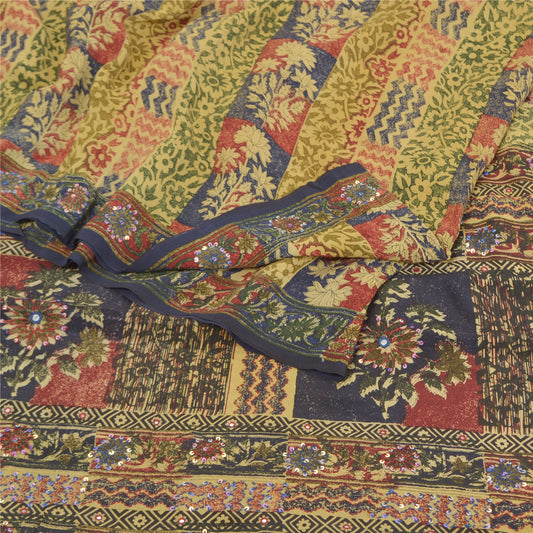 Sanskriti Vintage Sarees Pure Crepe Silk Printed Hand Beaded Sari Craft Sustainable Fabric