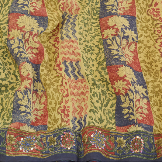 Sanskriti Vintage Sarees Pure Crepe Silk Printed Hand Beaded Sari Craft Sustainable Fabric