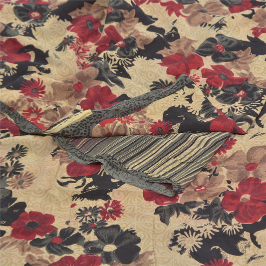 Sanskriti Vintage Sarees Cream Pure Crepe Silk Floral Printed Sari Craft Sustainable Fabric