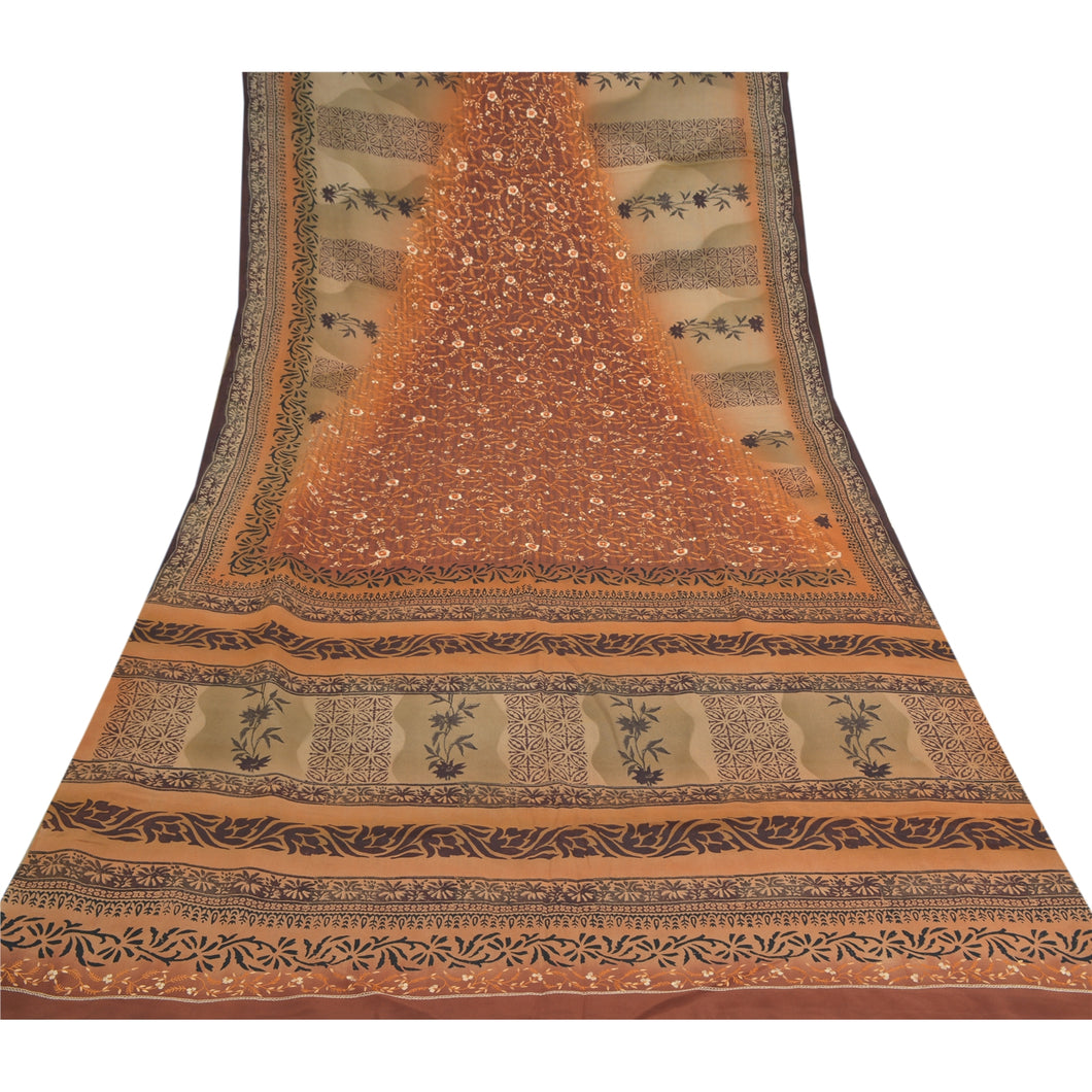 Sanskriti Vintage Brown Sarees 100% Pure Crepe Silk Printed Sari Craft Fabric