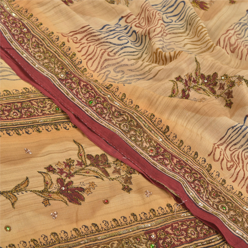 Sanskriti Vintage Sari 100% Pure Crepe Silk Beige Saree Printed 5yd Craft Fabric Create-Floral Dresses, Kaftans, Skirts, Projects