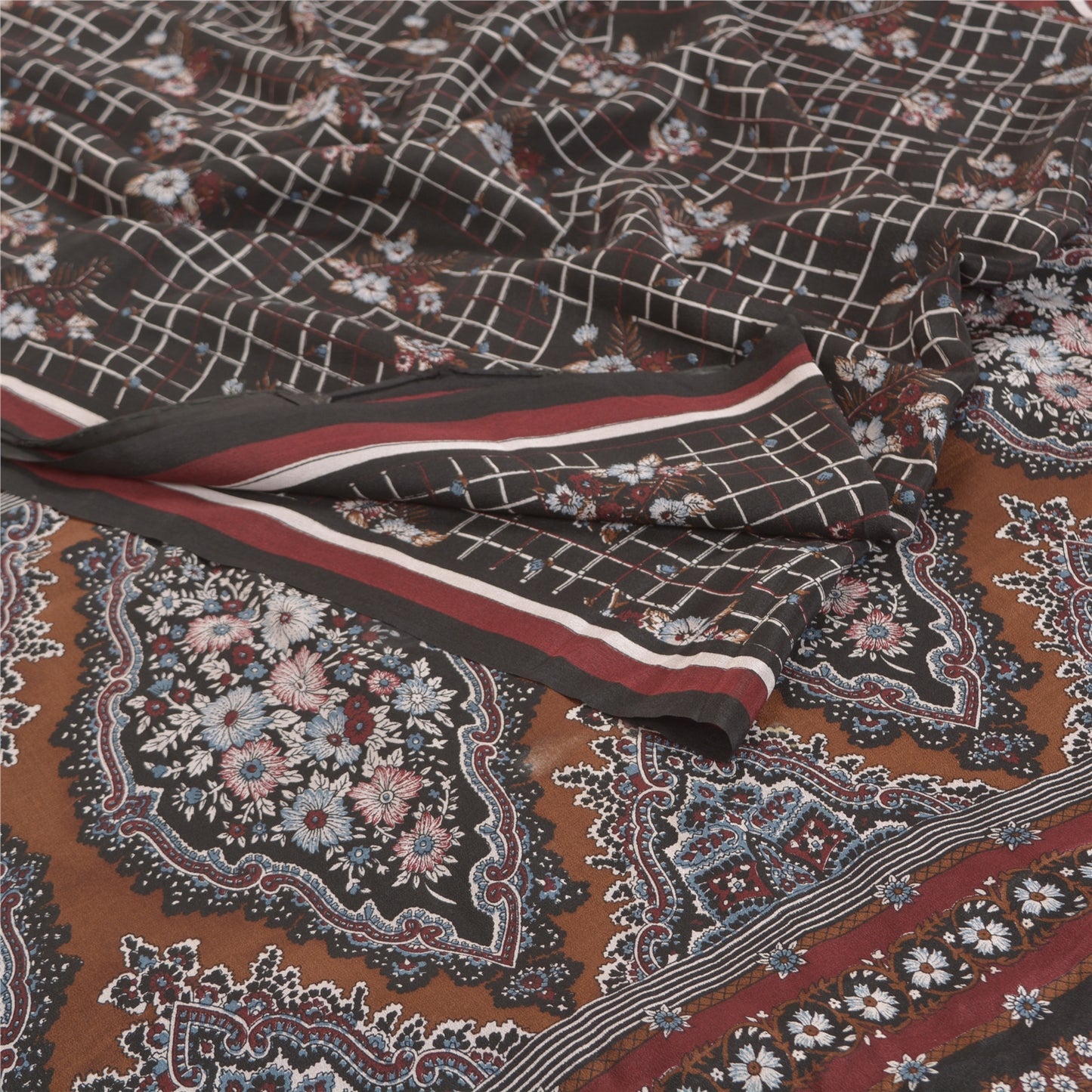 Sanskriti Vintage Black Sarees Pure Crepe Silk Printed Sari Craft Sustainable Fabric