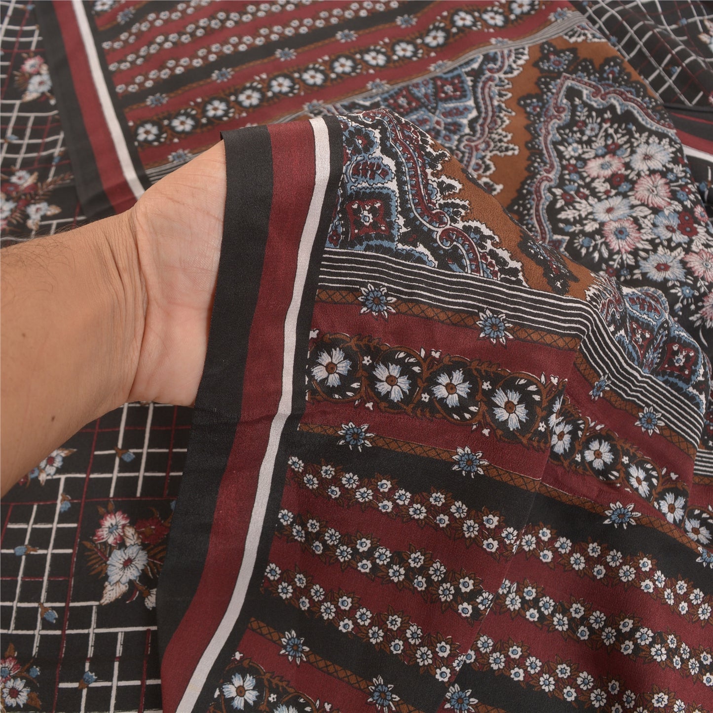 Sanskriti Vintage Black Sarees Pure Crepe Silk Printed Sari Craft Sustainable Fabric