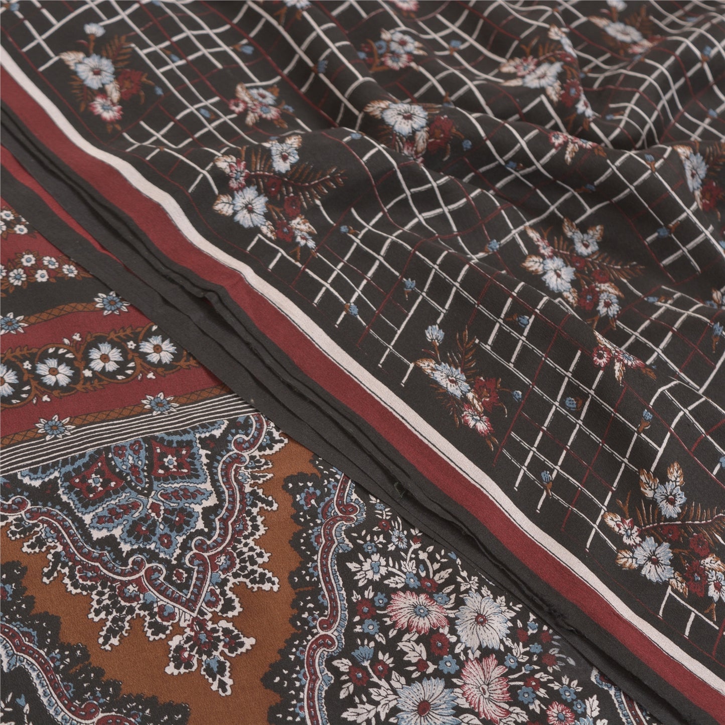 Sanskriti Vintage Black Sarees Pure Crepe Silk Printed Sari Craft Sustainable Fabric