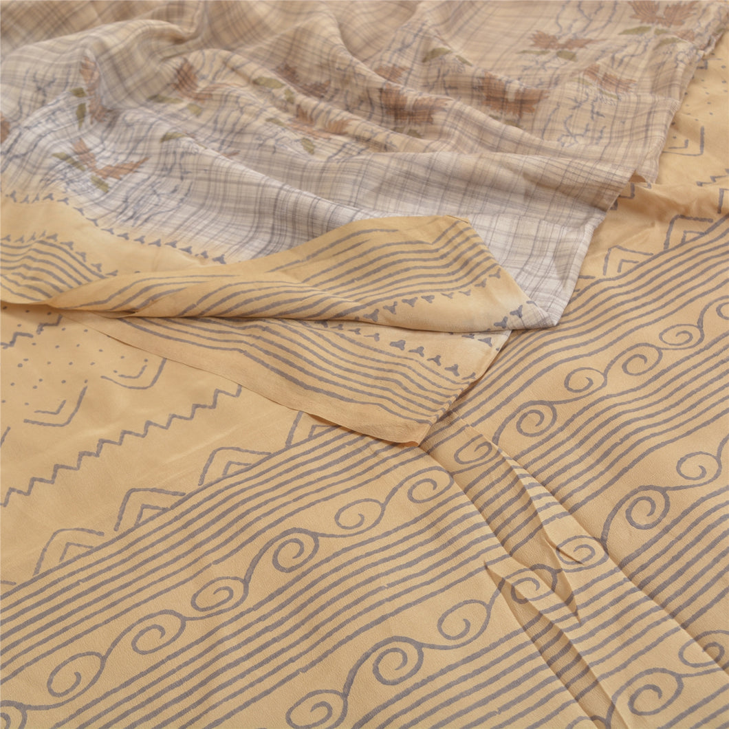 Sanskriti Vintage Pale Cream Sarees Pure Crepe Silk Printed Sari Craft Fabric