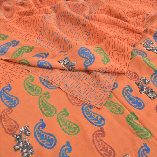 Sanskriti Vintage Orange Trykte Håndperlede Sarier Ren Crepe Silke Sari Bæredygtigt Stof