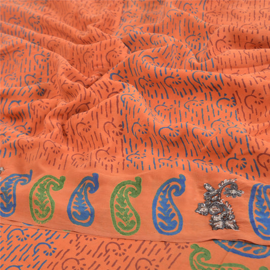 Sanskriti Vintage Orange Trykte Håndperlede Sarier Ren Crepe Silke Sari Bæredygtigt Stof