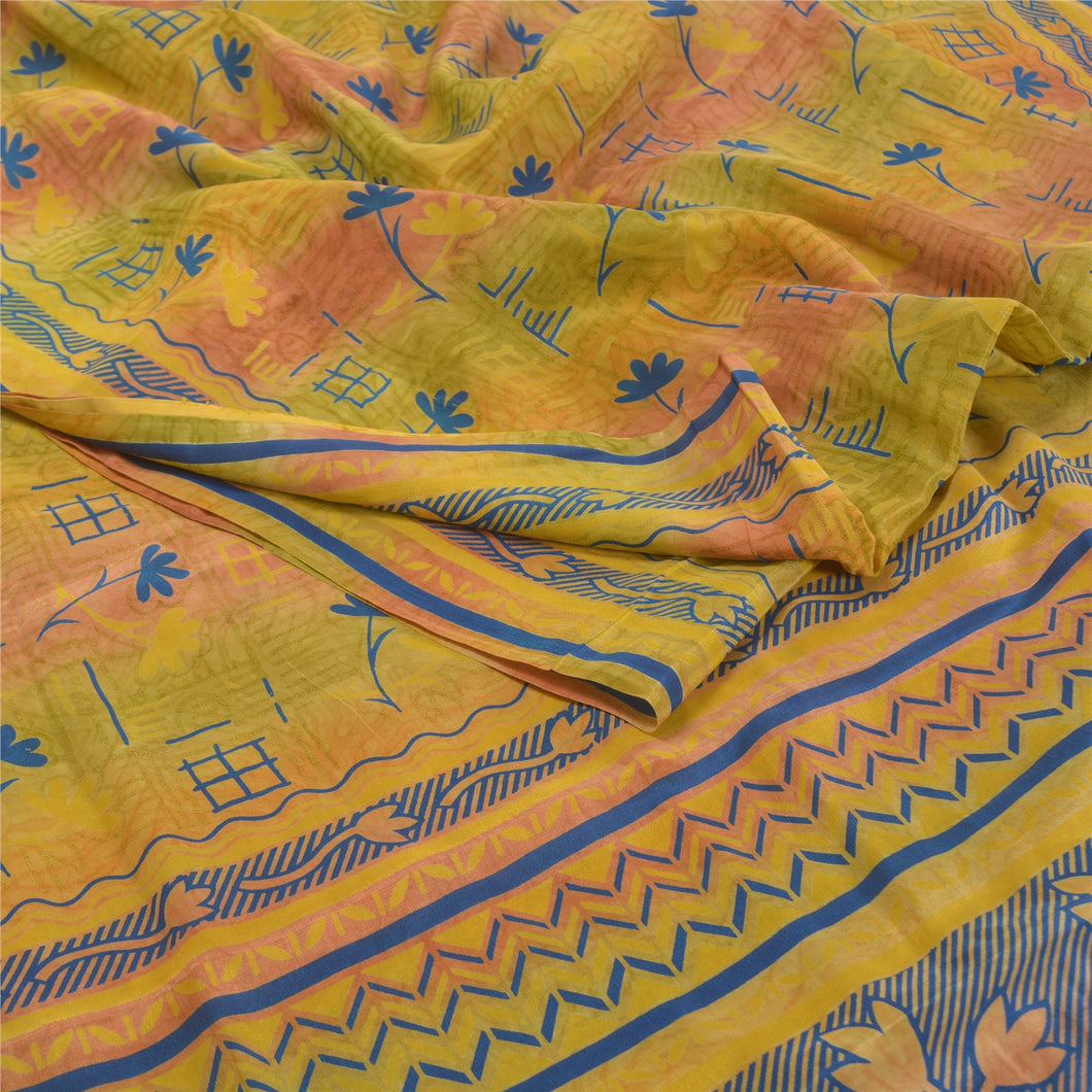 Sanskriti Vintage Green Printed Sarees Pure Crepe Silk Sari Floral Craft Fabric