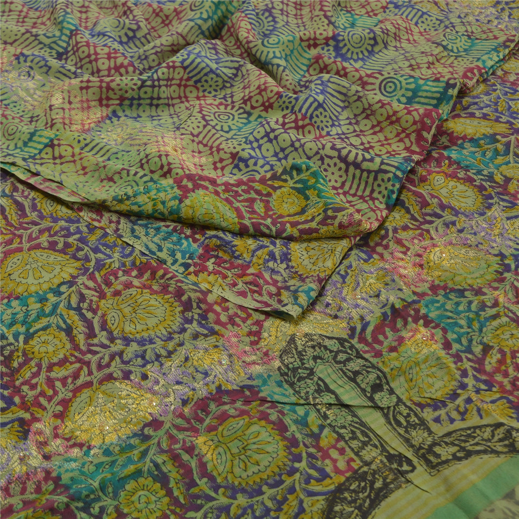 Sanskriti Vintage Sari Multi Printed Pure Crepe Silk Sarees Floral Craft Fabric