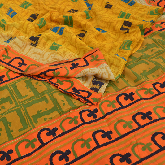 Sanskriti Vintage Sari Mustard Indian Pure Crepe Silk Print Sarees Craft Sustainable Fabric