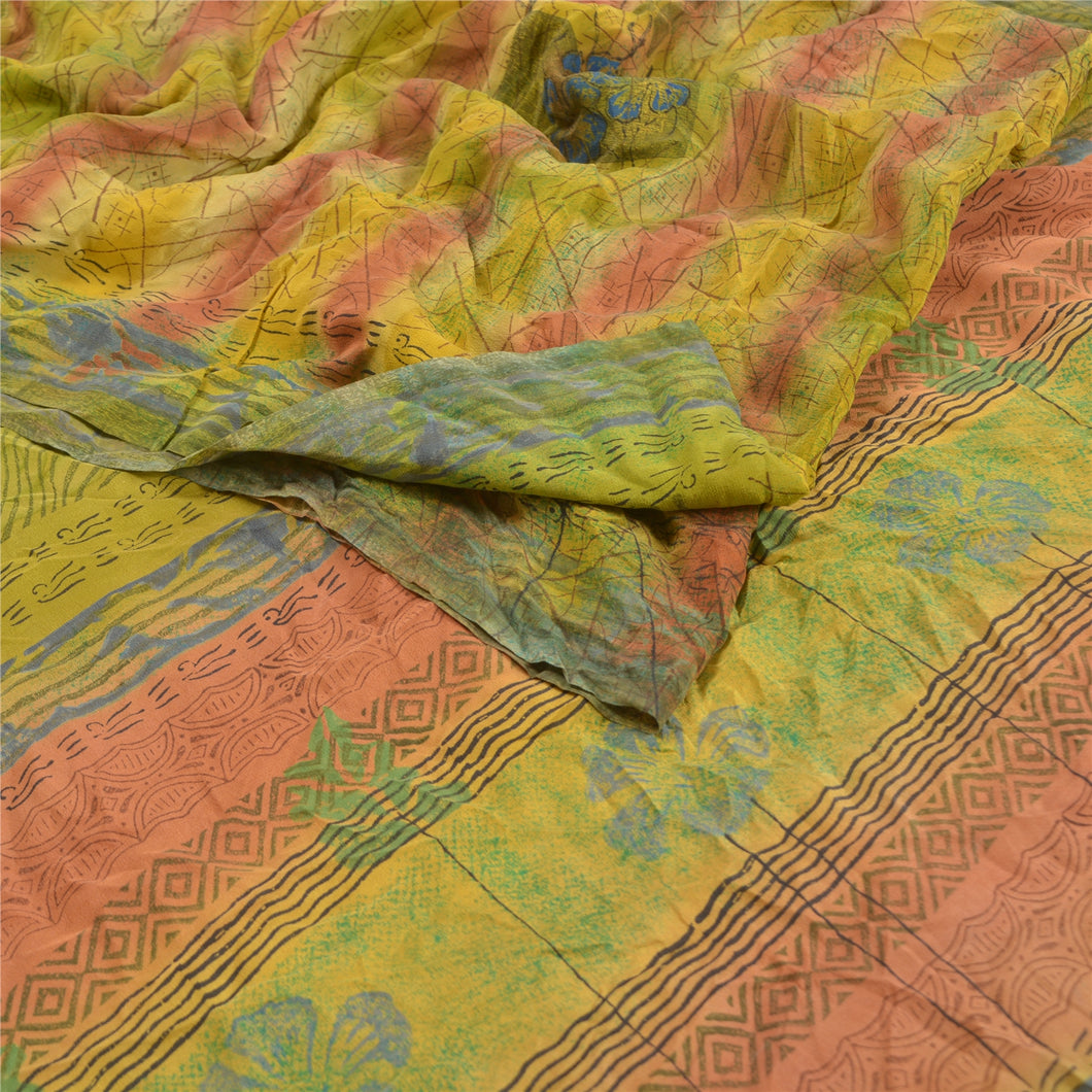 Sanskriti Vintage Green Pure Crepe Silk Sarees Printed Sari Soft Craft Fabric