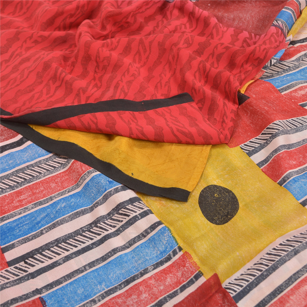Sanskriti Vintage Red Indian Sarees Pure Crepe Silk Printed Sari Craft Fabric