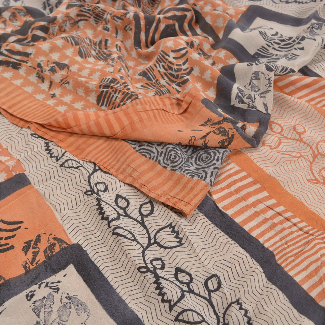 Sanskriti Vintage Peach Indian Sarees Pure Crepe Silk Printed Sari Craft Fabric