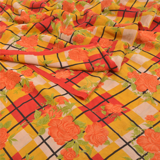 Sanskriti Vintage Orange Sarees Pure Crepe Silk Printed Sari Floral Craft Sustainable Fabric