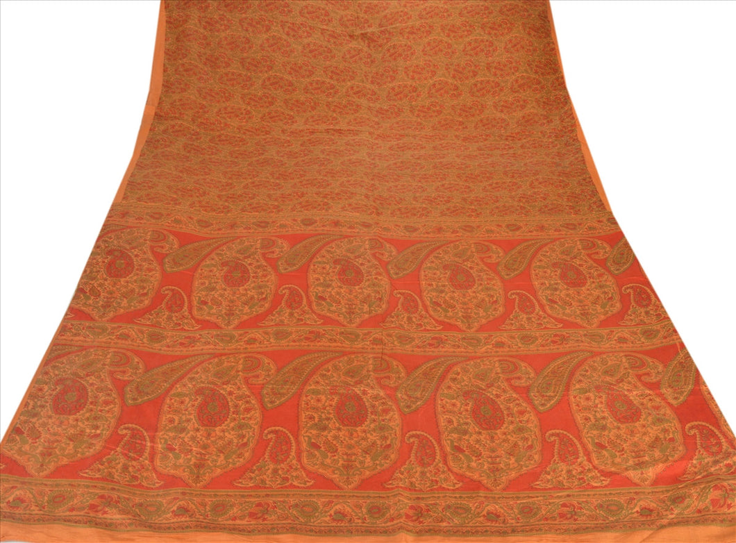 Sanskriti Vintage 100% Pure Silk Saree Orange Printed Sari Paisley Fabric
