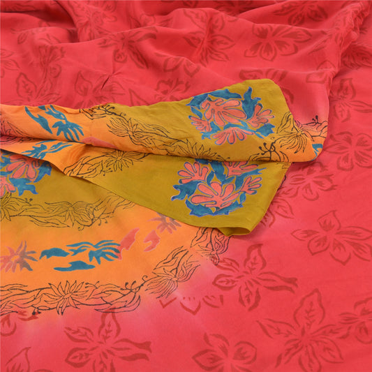 Санскритские винтажные алые сари с принтом из чистого крепированного шелка 5 ярдов ткань для рукоделия из экологически чистой ткани