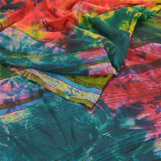 Сари Sanskriti Vintage Tie-Dye Dusty Multi Printed Sarees из чистого крепированного шелка, устойчивая ткань