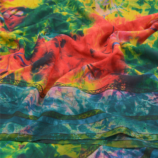 Сари Sanskriti Vintage Tie-Dye Dusty Multi Printed Sarees из чистого крепированного шелка, устойчивая ткань