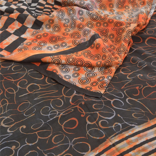 Sanskriti Vintage Tie-Dye Orange Sarees Pure Crepe Silk Print Sari Craft Sustainable Fabric