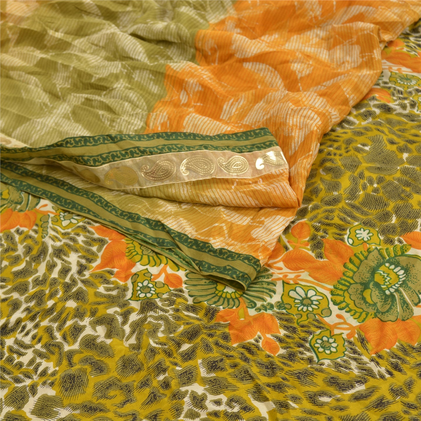 Sanskriti Vintage Green Sarees Pure Crepe Silk Printed Sari Craft Sustainable Fabric