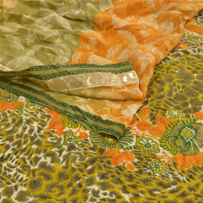 Sanskriti Vintage Green Sarees Pure Crepe Silk Printed Sari Craft Sustainable Fabric