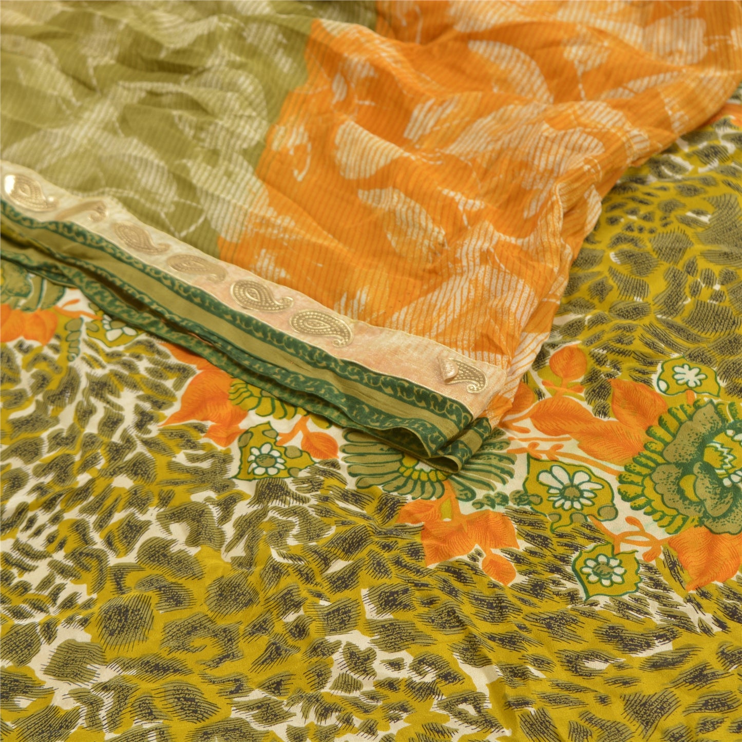 Sanskriti Vintage Green Sarees Pure Crepe Silk Printed Sari Craft Sustainable Fabric