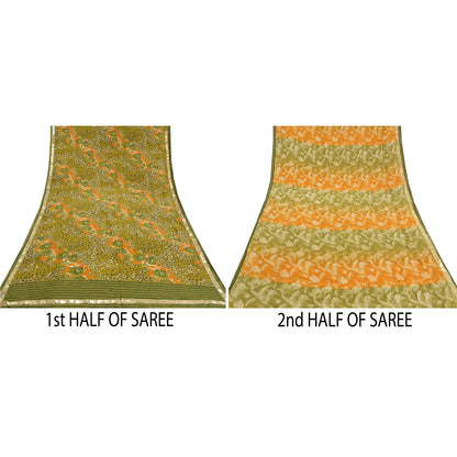 Sanskriti Vintage Green Sarees Pure Crepe Silk Printed Sari Craft Sustainable Fabric
