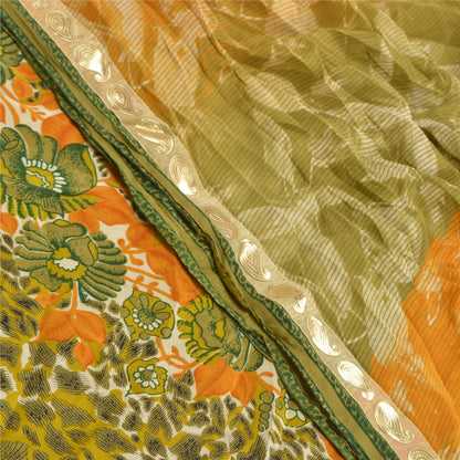 Sanskriti Vintage Green Sarees Pure Crepe Silk Printed Sari Craft Sustainable Fabric