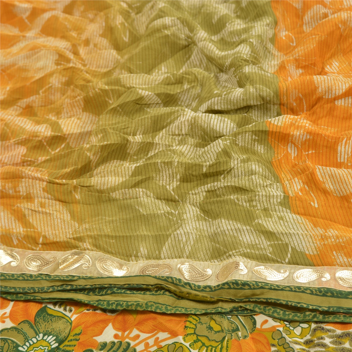 Sanskriti Vintage Green Sarees Pure Crepe Silk Printed Sari Craft Sustainable Fabric